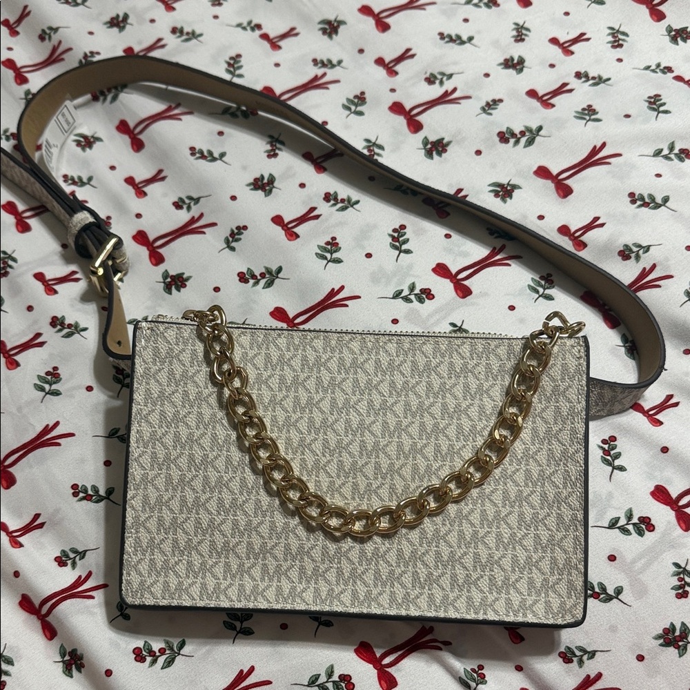 Michael Kors Cream Logo Waist Belt Bag with Gold Chain Strap
